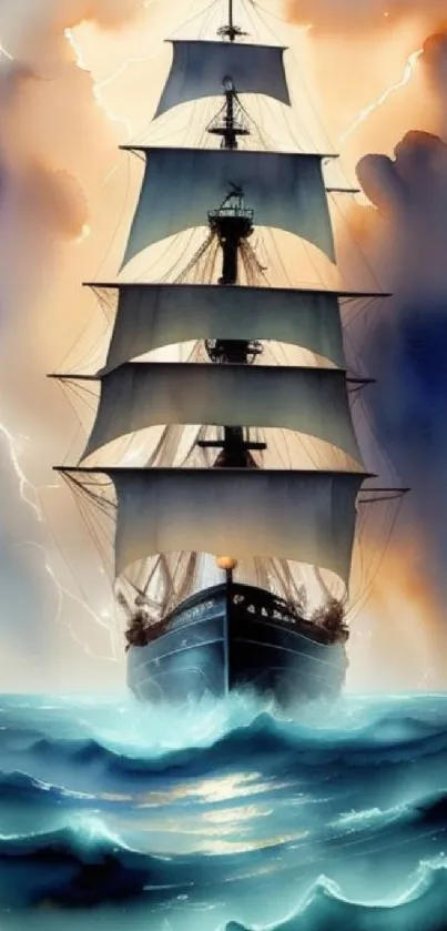 Majestic sailing ship facing powerful ocean waves under stormy skies.