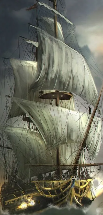 Majestic sailing ship with full sails on a stormy ocean.