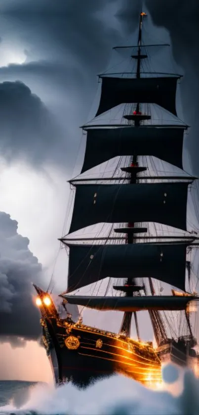 Majestic sailing ship in a stormy sea with dramatic clouds.