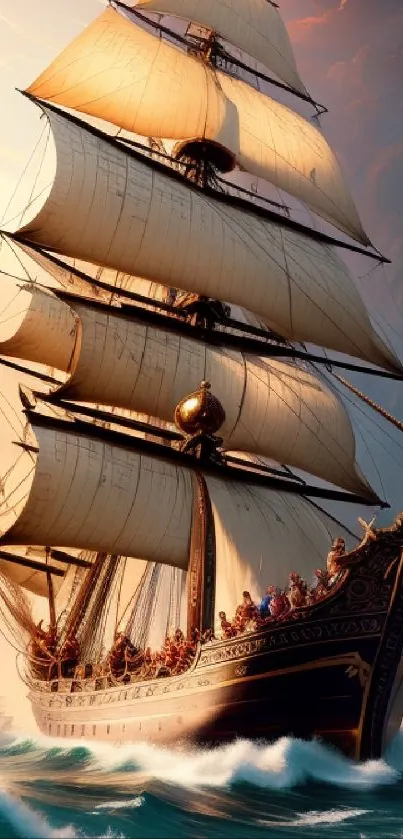 Majestic sailing ship navigating ocean waves at sunset.