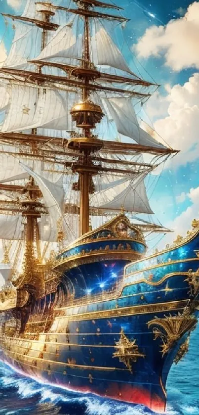Fantasy art of a majestic sailing ship on the ocean against a vivid sky.