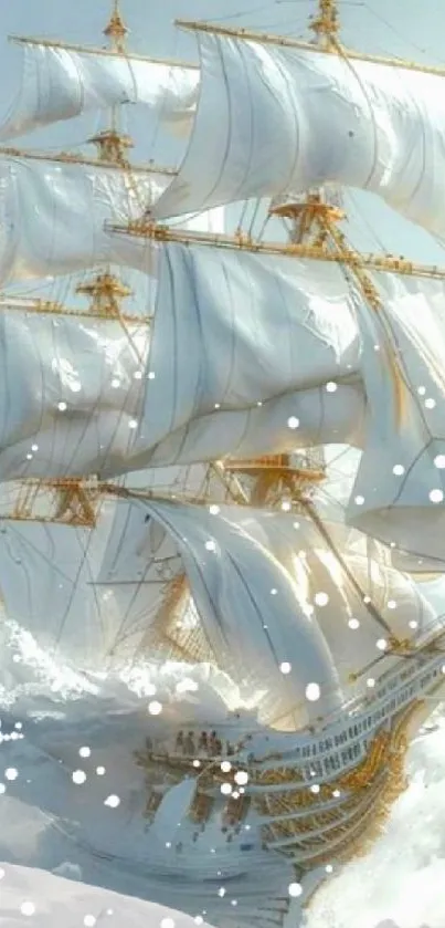 Majestic ship sailing through ocean waves with white sails.