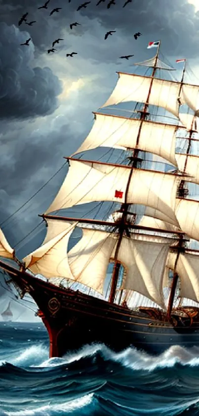 Majestic sailing ship braving stormy seas with dramatic skies overhead.