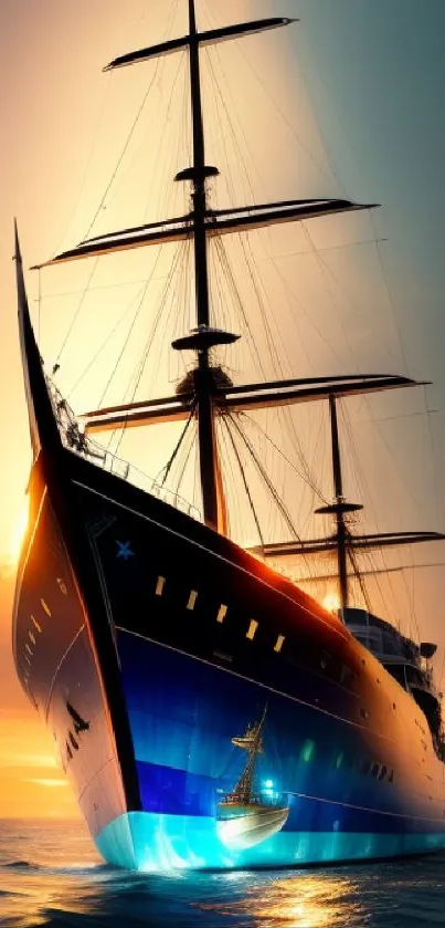 Majestic sailing ship at sunset in oceanic landscape.