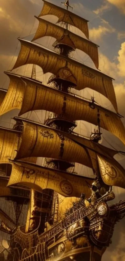 Majestic sailing ship with golden sails against a dramatic cloudy sky.