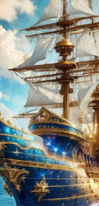 Majestic sailing ship with blue and gold accents on the sea under a clear sky.