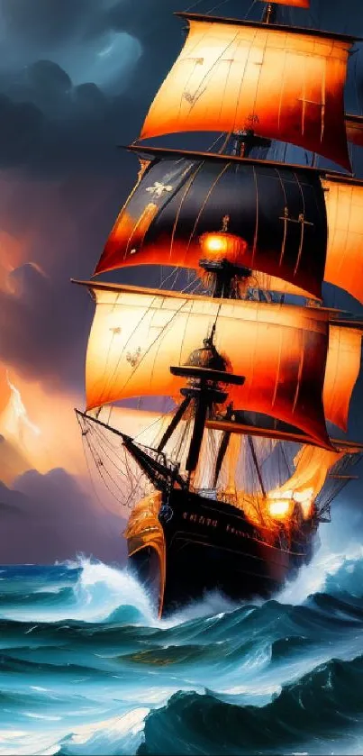 Phone wallpaper of a ship with orange sails on a stormy sea.