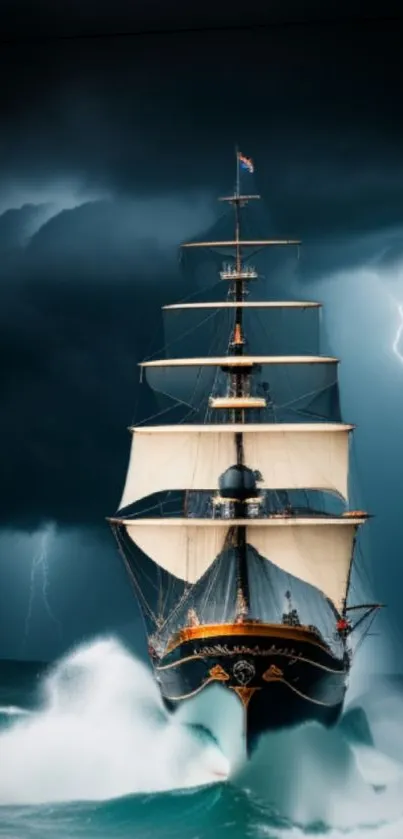 Sailing ship amidst a dramatic stormy sea with lightning in the background.