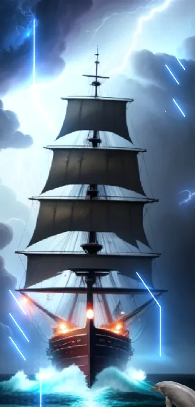 Majestic sailing ship in stormy seas with dark skies and lightning.