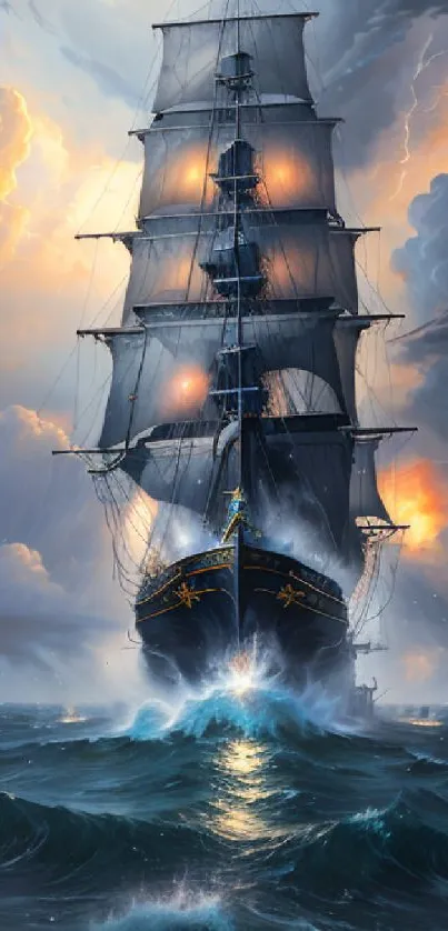 Majestic sailing ship navigating stormy seas under dramatic skies.