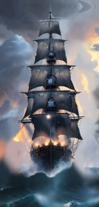 Majestic sailing ship on stormy ocean at sunset, mobile wallpaper.