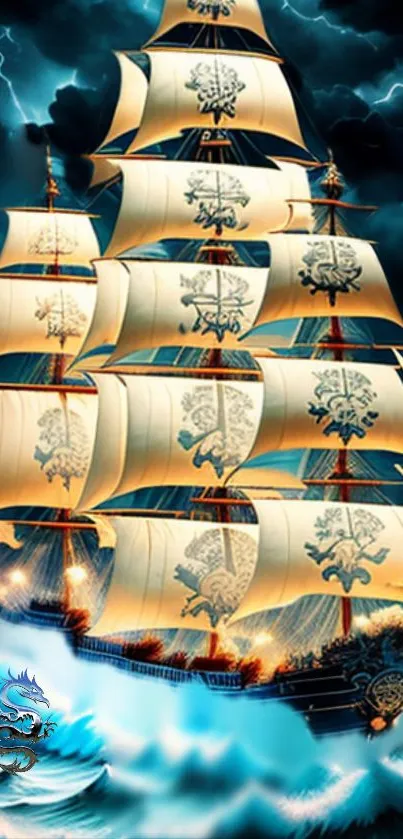 Majestic sailing ship with dragon emblem sails amidst stormy seas.