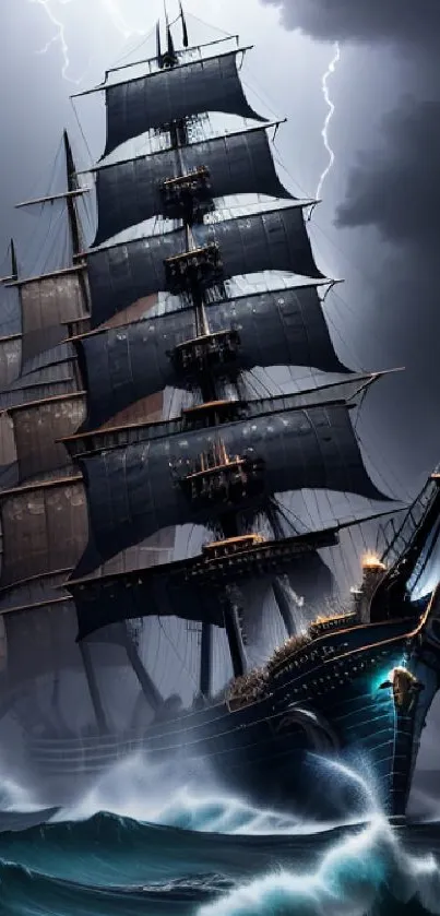 Majestic sailing ship in stormy ocean with lightning illuminating dark skies.