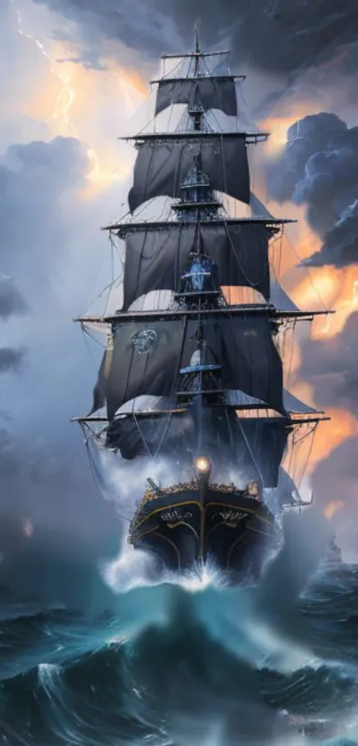 Majestic sailing ship navigating stormy seas under dramatic skies.