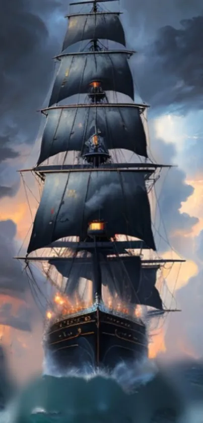 Majestic sailing ship amidst stormy seas and fiery skies in a dramatic scene.