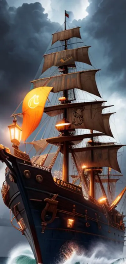 Majestic ship sailing through stormy seas with dramatic skies.