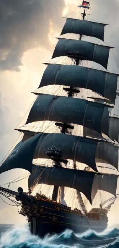 Majestic sailing ship on stormy ocean with dramatic skies.