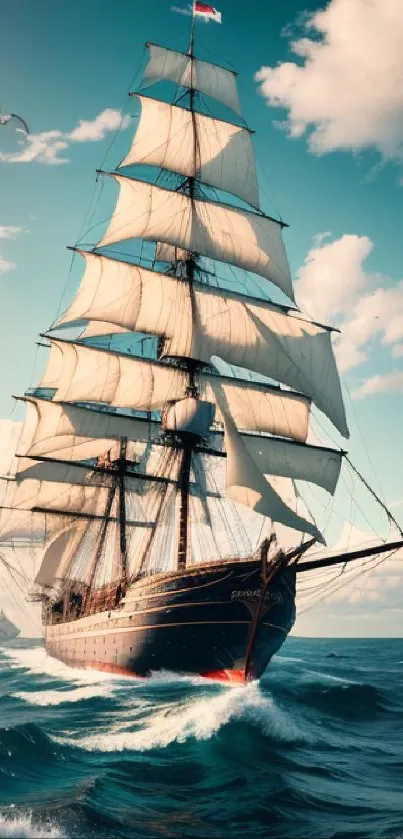 Majestic sailing ship on ocean waves under a cloudy sky.