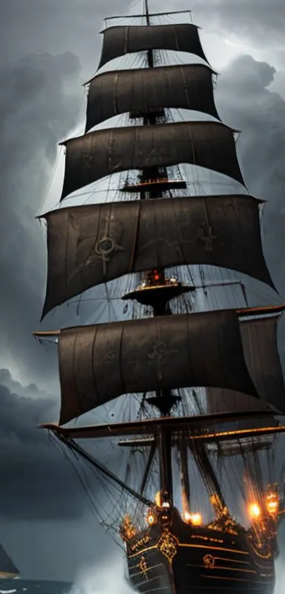 Majestic sailing ship with dark sails on a stormy sea, under swirling storm clouds.