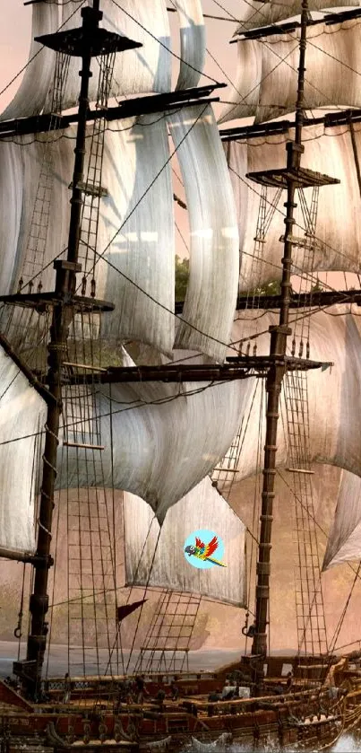 Mobile wallpaper of a sailing ship with billowing sails on the ocean.