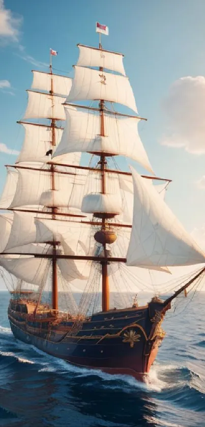 Majestic sailing ship on a calm ocean with blue skies.