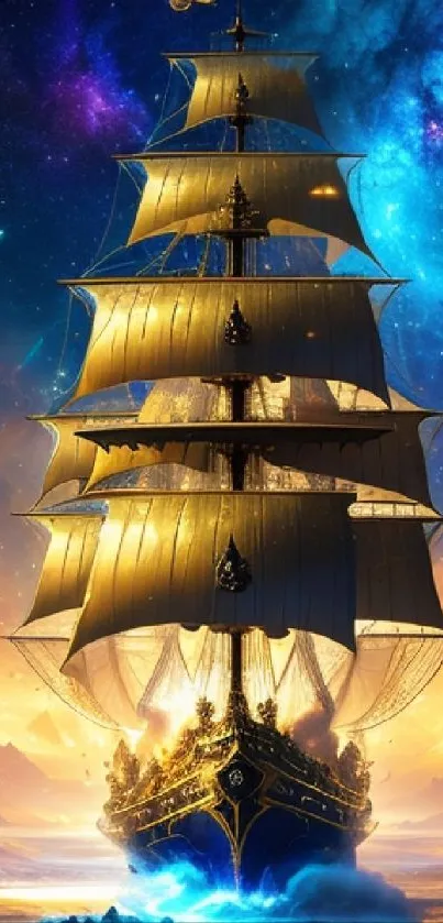 A majestic sailing ship with golden sails against a cosmic background.
