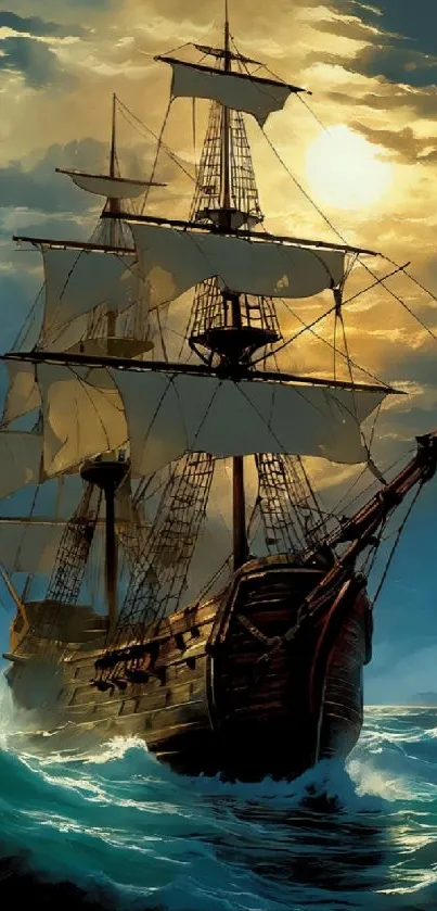 Beautiful sailing ship with waves and sunset.