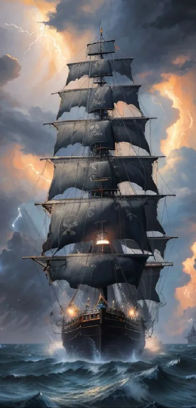 Majestic sailing ship in a stormy ocean scene with dramatic clouds.