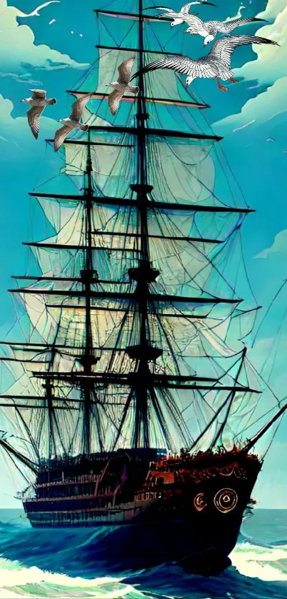 Majestic sailing ship with blue sky and ocean, surrounded by seagulls.