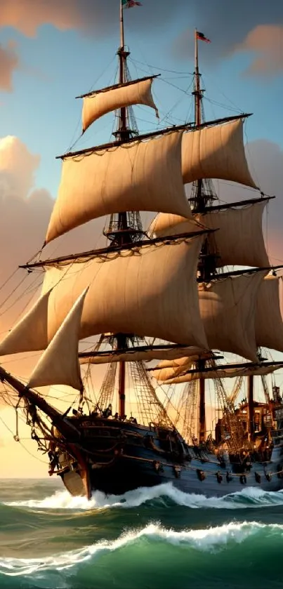 Majestic sailing ship at sunset on the ocean.