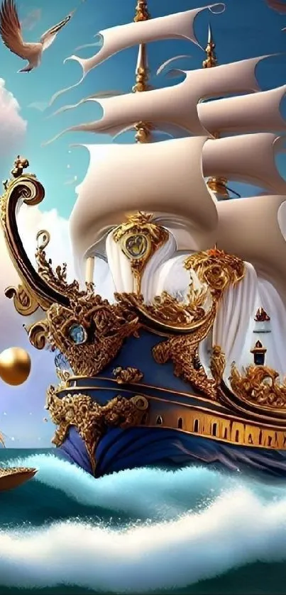 Majestic ship on ocean waves with gold details and vibrant sails.