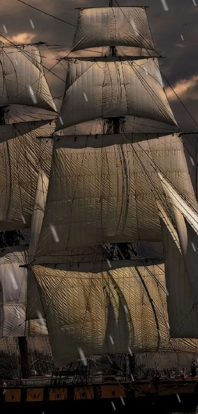 Majestic ship sailing under stormy skies on a dramatic mobile wallpaper.