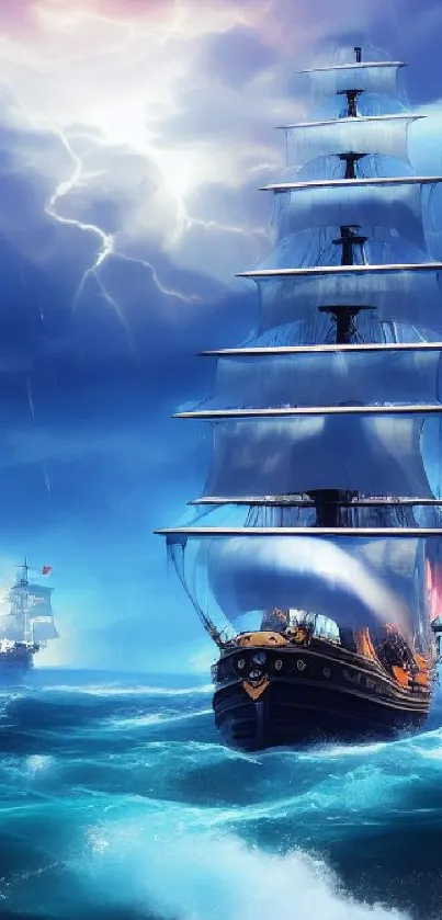 A majestic sailing ship braving stormy seas under a dramatic, lightning-lit sky.