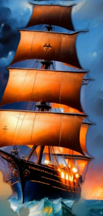 Majestic sailing ship with vibrant orange sails in a dramatic ocean scene.