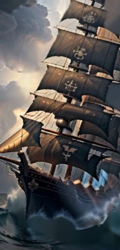 Majestic sailing ship with dark sails on a stormy sea for mobile wallpaper.