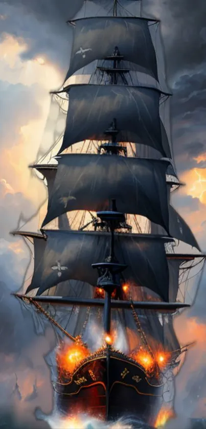 Majestic sailing ship against stormy clouds with vibrant colors.