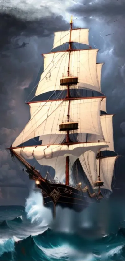 Majestic ship navigating stormy ocean waves under a dramatic sky.