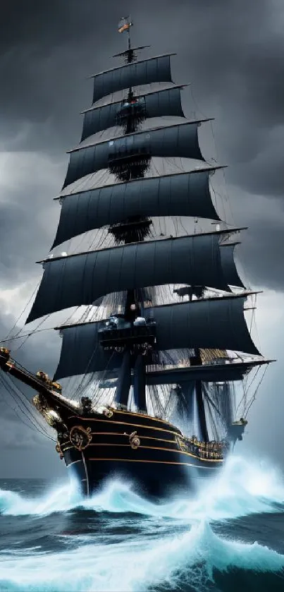 Majestic sailing ship in stormy ocean with dark clouds above.