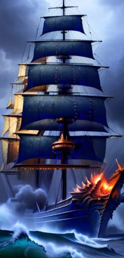 Majestic sailing ship amid stormy seas and dramatic sky, capturing adventure and beauty.