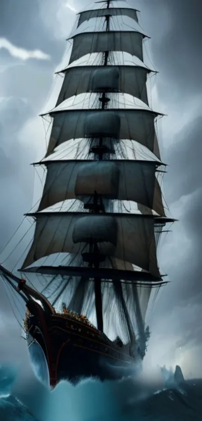 Majestic sailing vessel on stormy seas, perfect mobile wallpaper.