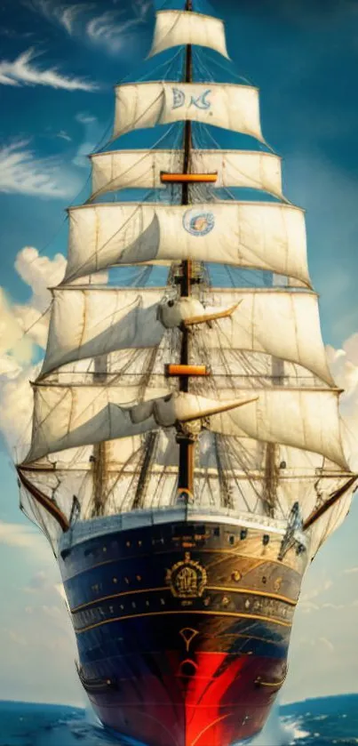 A majestic sailing ship at sea under a bright blue sky.