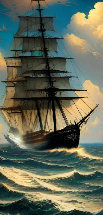 Majestic sailing ship navigating through vibrant ocean waves under cloudy skies.