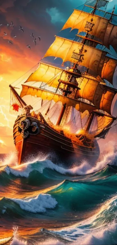 Majestic sailing ship navigating stormy ocean waves at sunset.