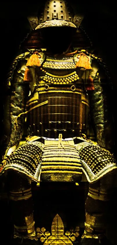 Majestic samurai armor in a dark, dramatic setting with intricate details.