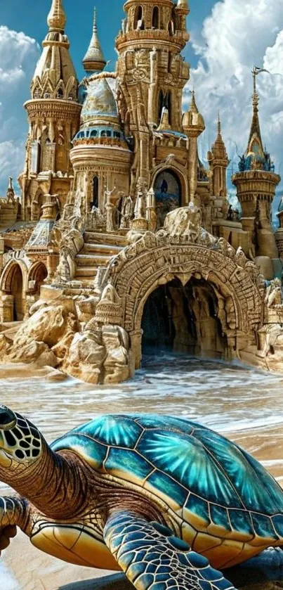 Turtle and majestic sandcastle on the beach with ocean waves.