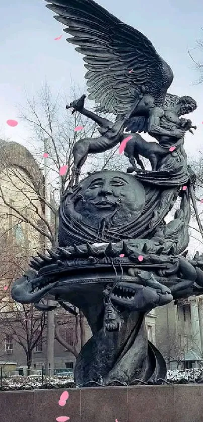 Majestic sculpture with angel in urban setting.