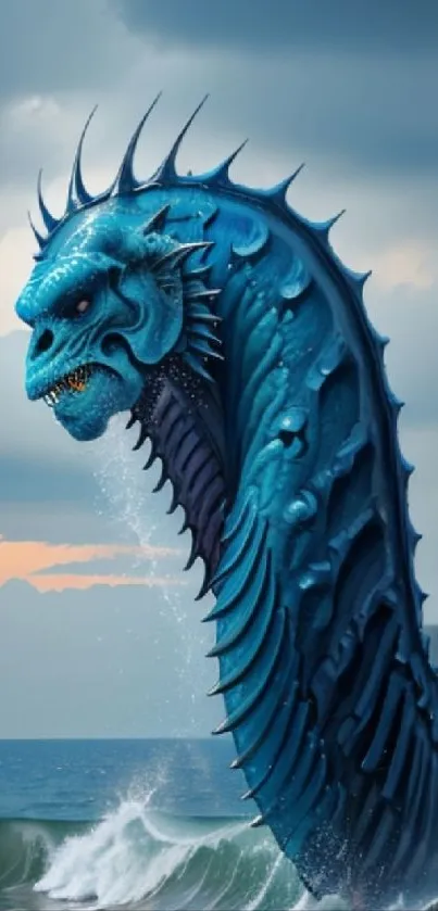 Blue sea serpent emerging from ocean waves with a dramatic sky backdrop.