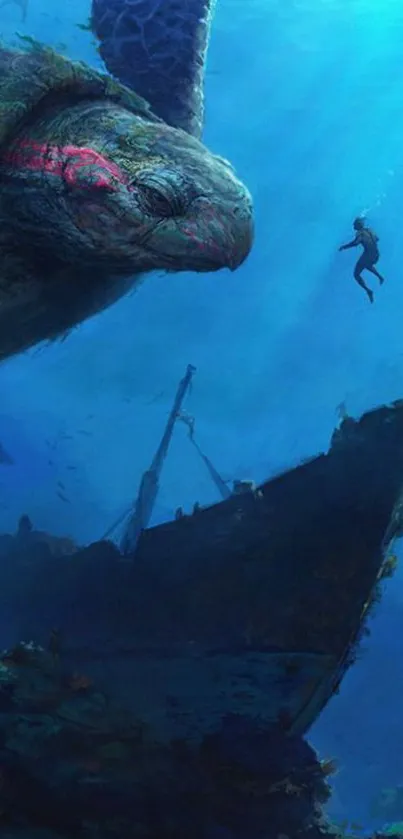 Majestic sea turtle and sunken ship underwater scene.