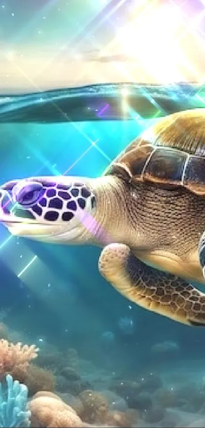 Majestic sea turtle swimming in vibrant underwater scene.