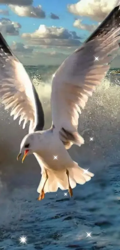 Seagull flying over ocean with waves and clouded sky in mobile wallpaper.